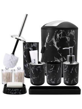 Black Marble Bathroom Accessory Set Toothbrush Holder Soap Dispenser Trash